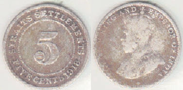 1918 Straits Settlements silver 5 Cents A005906